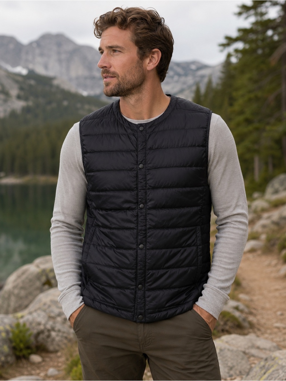 TATE Ultra Light Prime Goose Down Snap Front Packable Vest Black Large